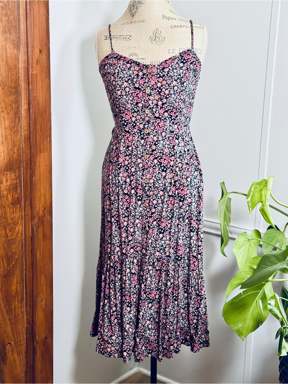 Mimi Chica Black Midi Dress with Pink Floral Print